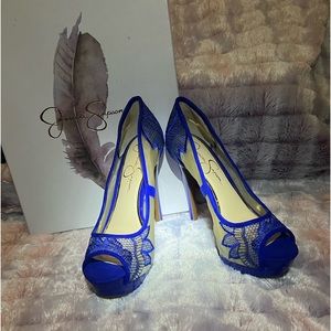 Jessica Simpson Heel• Cobalt Blue Mesh Embroidered • Peep Toe